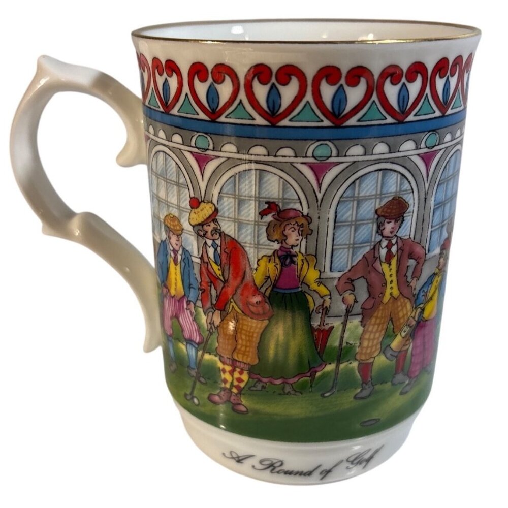 Sadler A Round Of Golf Mug Vintage Ceramic With Colorful Golf Scene & Gold Trim